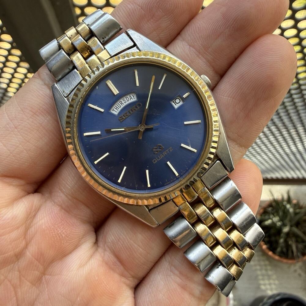 Vintage Seiko SQ President Fluted Bezel Watch 36mm Blue Dial Two Tone Daydate
